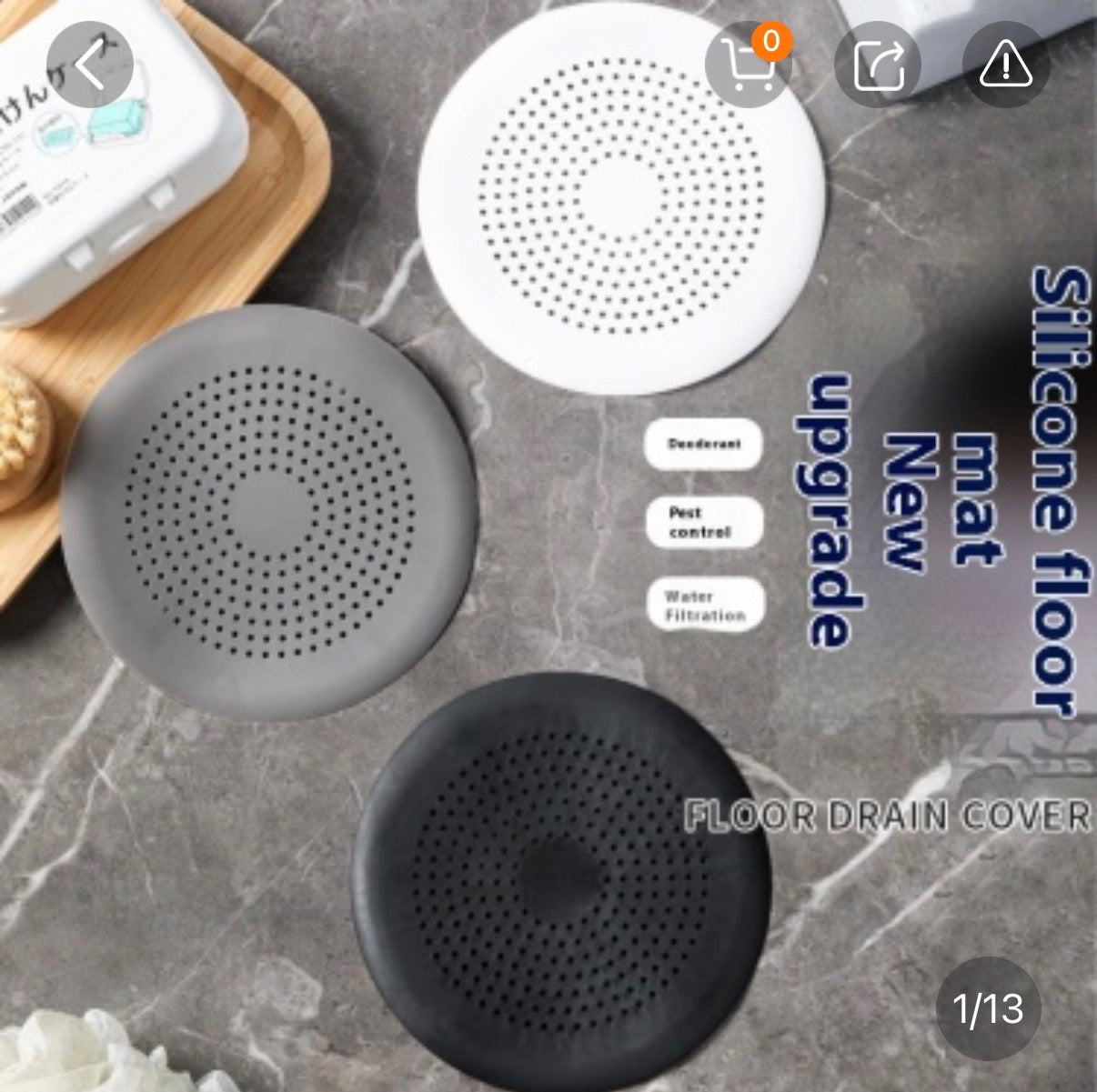 Silicone floor drain hair catcher in white, grey and black colours